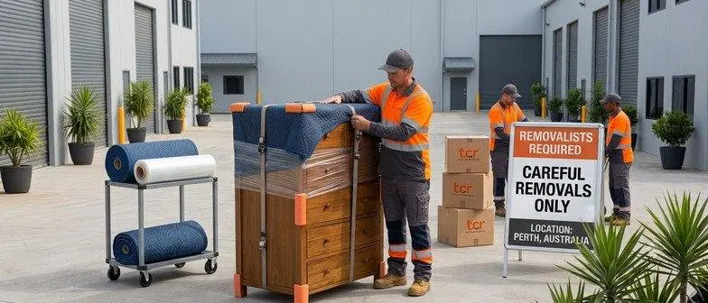 Mover wrapping a timber chest of drawers in blankets