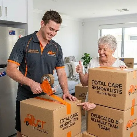 Mover taping boxes with a happy customer